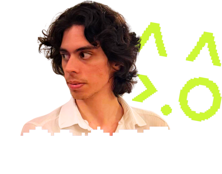Portrait of Atakan Yenihayat, Chill Cactus Studio's visual storyteller and motion designer, with playful pixel-art face decorations.