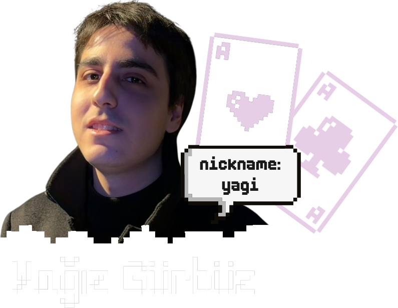 Portrait of Yağız Gürbüz, Chill Cactus Studio's technical lead, illustrated with playing cards and a "yagi" nickname tag.